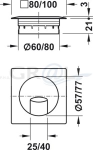 Przelotka kablowa, kwadratowa 80 x 80 mm, mocowana w otworze Ø 60 mm,  aluminium Häfele  631.07.902