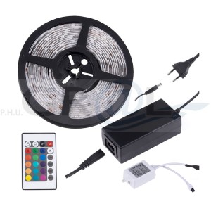 Zestaw Taśma RGB 30 LED/m, 10 mm, 5 mb, IP45, 6W/m, sterownik IR RGB z pilotem i zasilacz PLD 38W