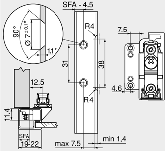 Adapter AVENTOS HK-S do wąskich ramek aluminiowych — otwór Ø7, SFA 19–22 mm