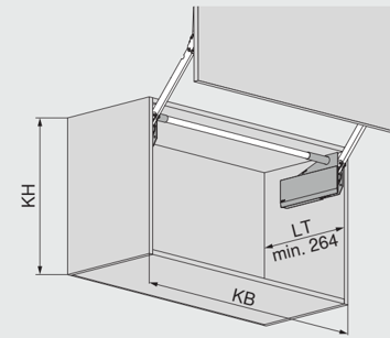 Wymiary korpusu AVENTOS HL top — KB, KH, LT min 264 mm